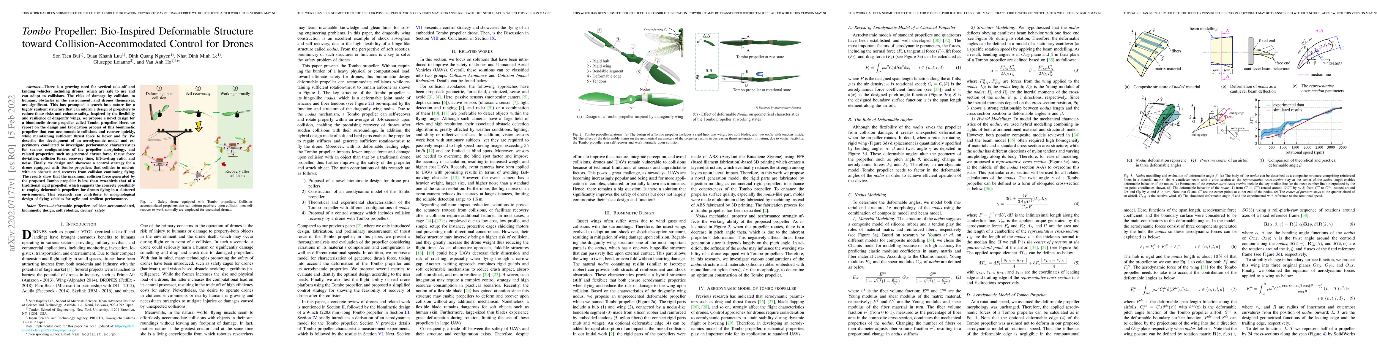 Thumbnail for Tombo Propeller: Bio-Inspired Deformable Structure toward
  Collision-Accommodated Control for Drones