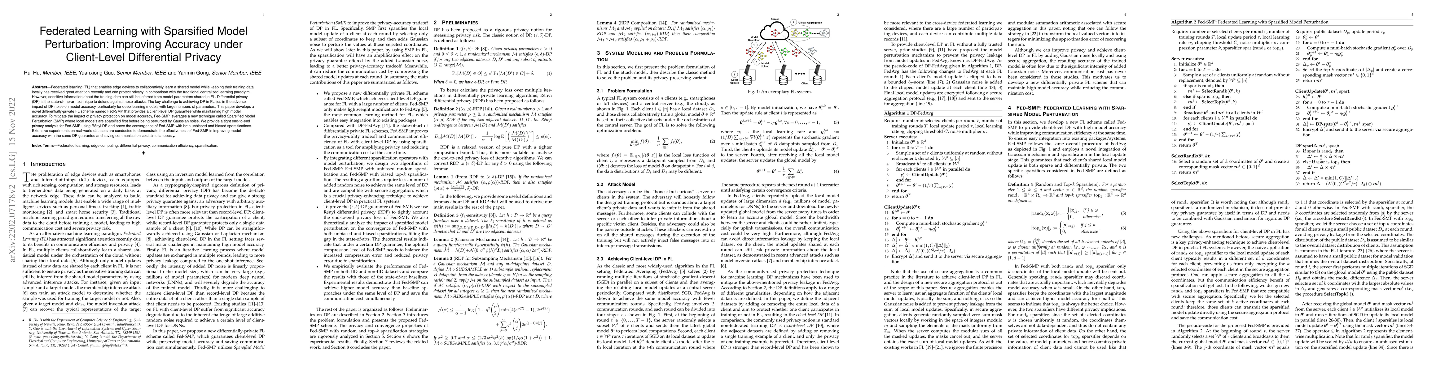 Thumbnail for Federated Learning with Sparsified Model Perturbation: Improving
  Accuracy under Client-Level Differential Privacy