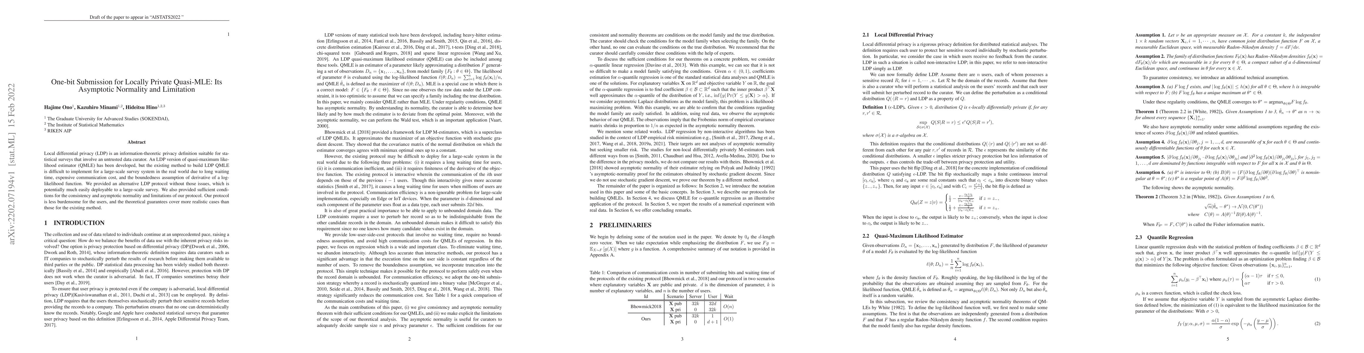 Thumbnail for One-bit Submission for Locally Private Quasi-MLE: Its Asymptotic
  Normality and Limitation
