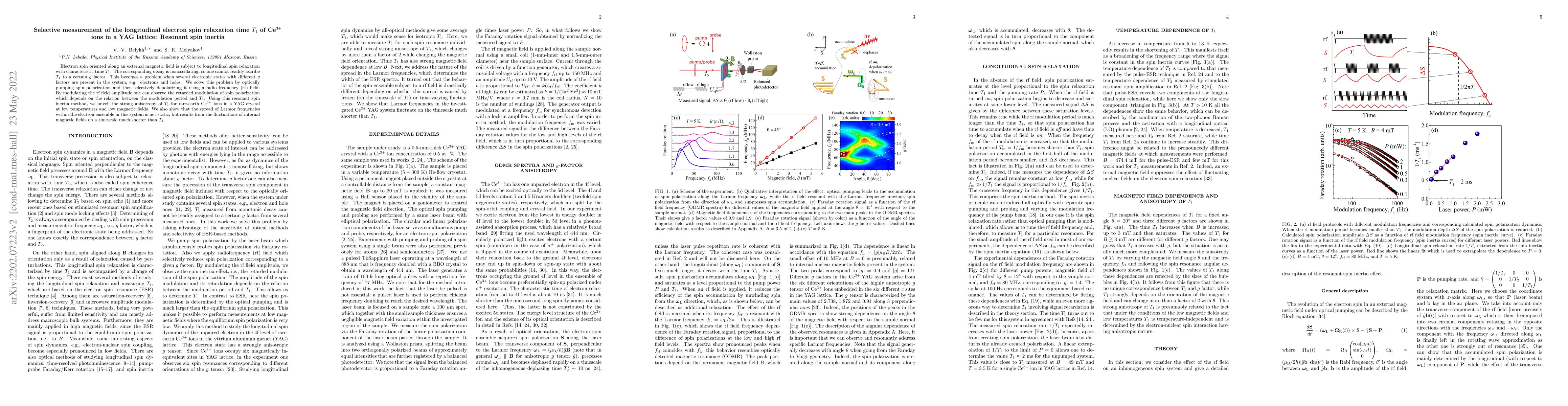 Thumbnail for Selective measurement of the longitudinal electron spin relaxation time
  $T_1$ of Ce$^{3+}$ ions in a YAG lattice: Resonant spin inertia