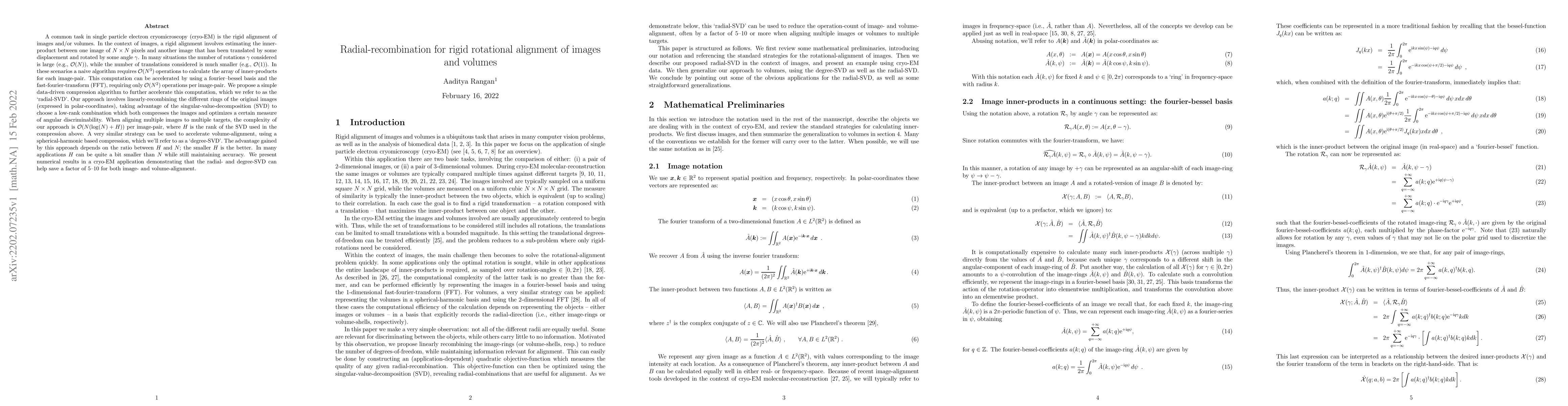 Thumbnail for Radial-recombination for rigid rotational alignment of images and
  volumes