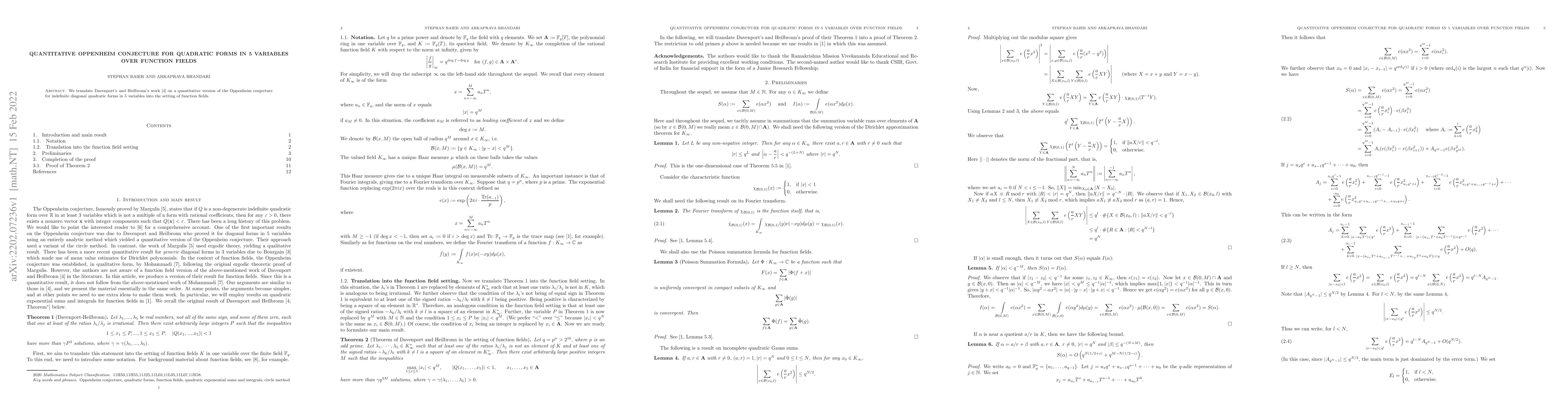 Thumbnail for Quantitative Oppenheim Conjecture for Quadratic Forms in 5 Variables
  over Function Fields
