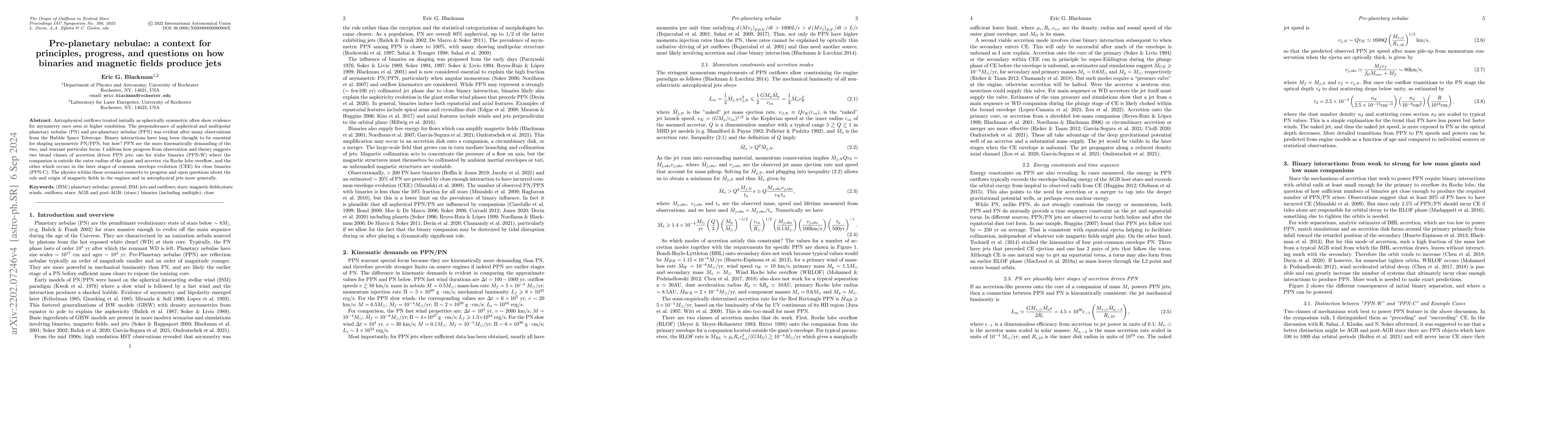 Thumbnail for Pre-planetary nebulae: a context for principles, progress, and questions
  on how binaries and magnetic fields produce jets
