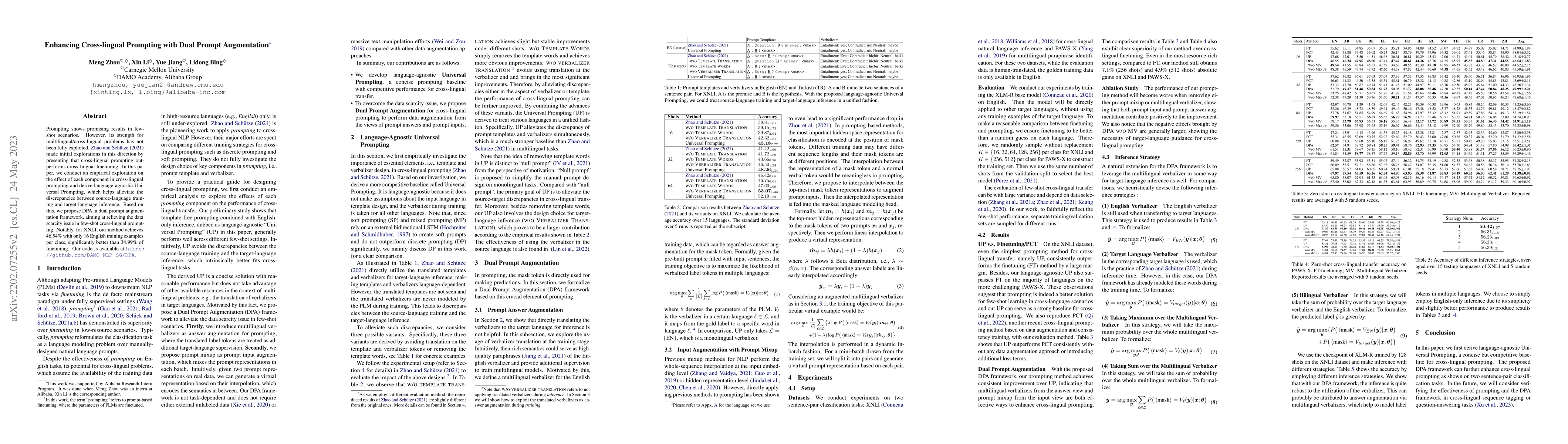 Thumbnail for Enhancing Cross-lingual Prompting with Dual Prompt Augmentation