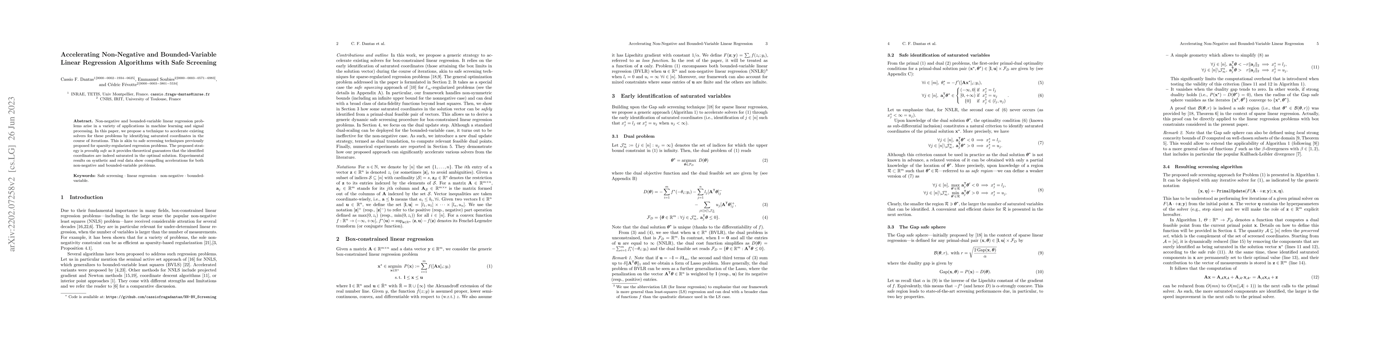Thumbnail for Accelerating Non-Negative and Bounded-Variable Linear Regression
  Algorithms with Safe Screening