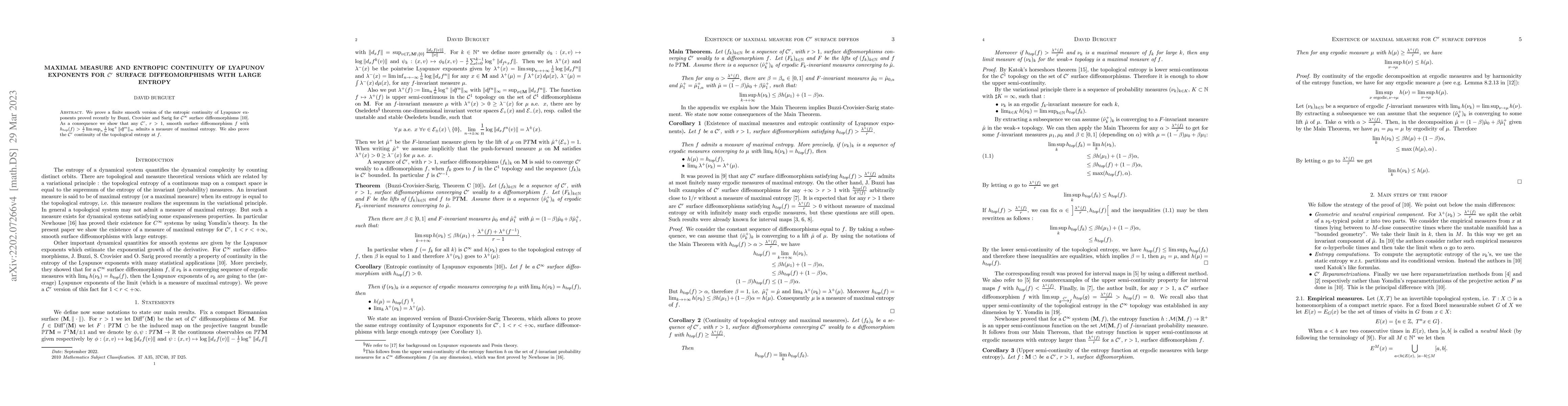 Thumbnail for Maximal measure and entropic continuity of Lyapunov exponents for $C^r$
  surface diffeomorphisms with large entropy