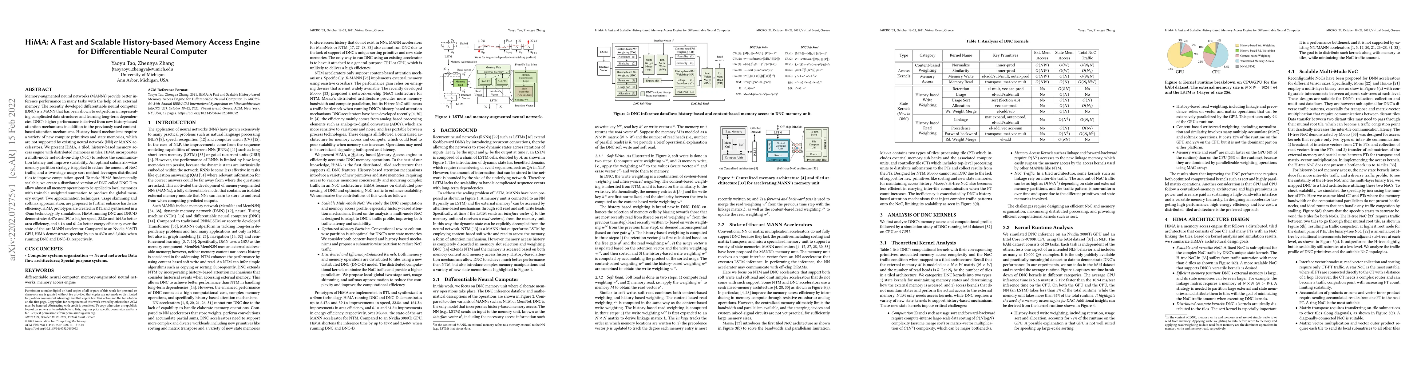 Thumbnail for HiMA: A Fast and Scalable History-based Memory Access Engine for
  Differentiable Neural Computer