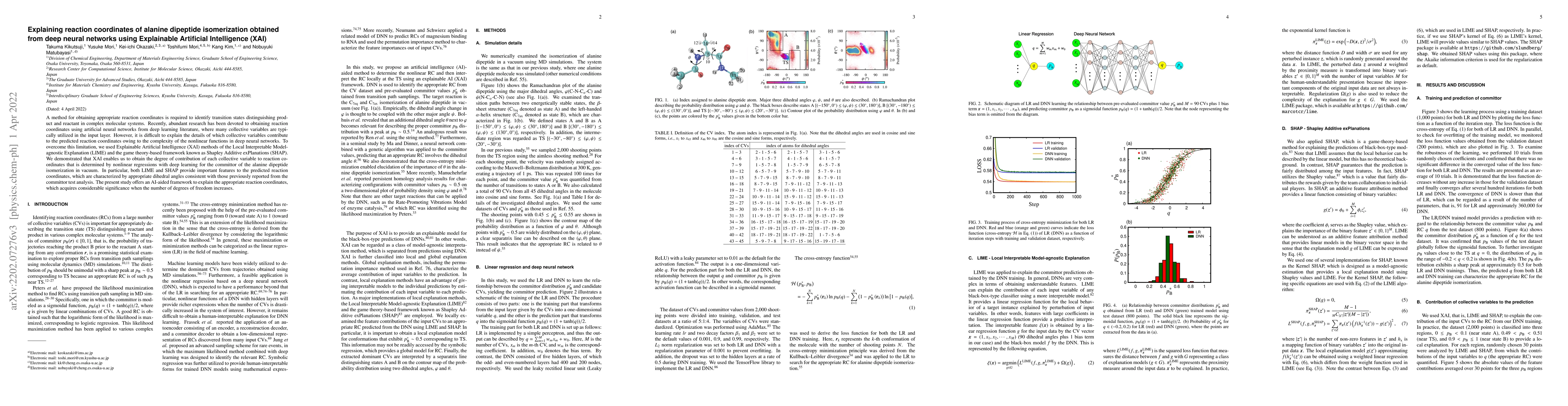 Thumbnail for Explaining reaction coordinates of alanine dipeptide isomerization
  obtained from deep neural networks using Explainable Artificial Intelligence
  (XAI)