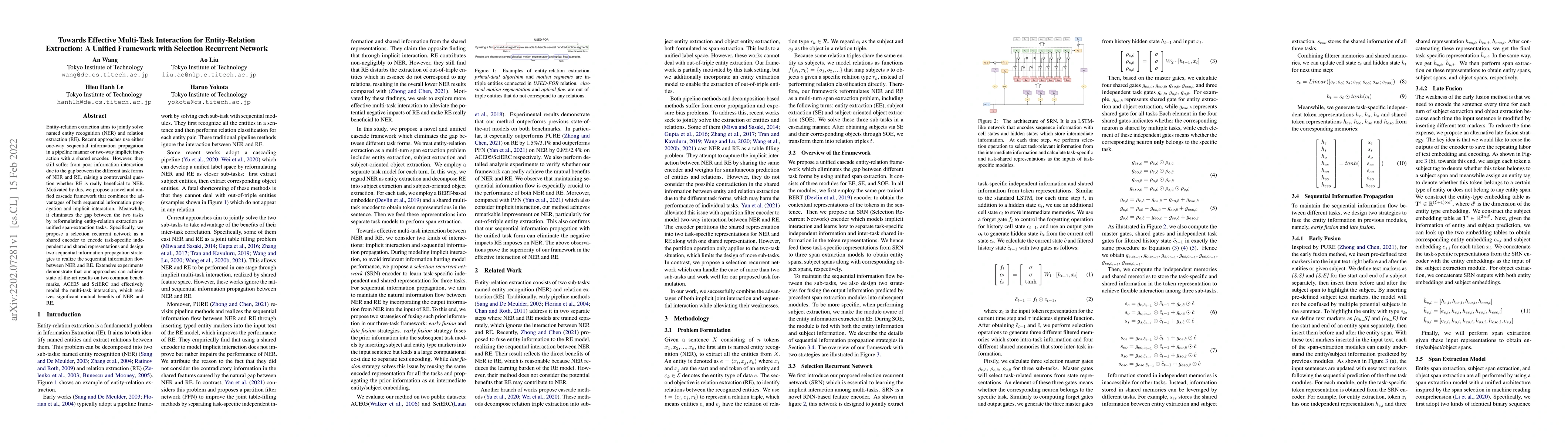 Thumbnail for Towards Effective Multi-Task Interaction for Entity-Relation Extraction:
  A Unified Framework with Selection Recurrent Network