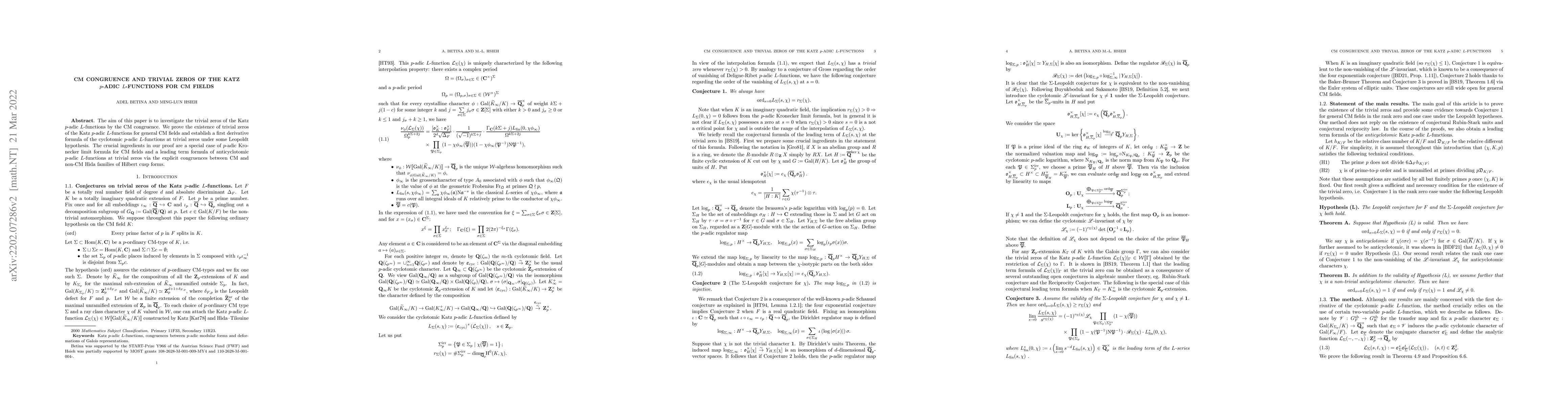 Thumbnail for CM congruence and trivial zeros of the Katz $p$-adic $L$-functions for
  CM fields