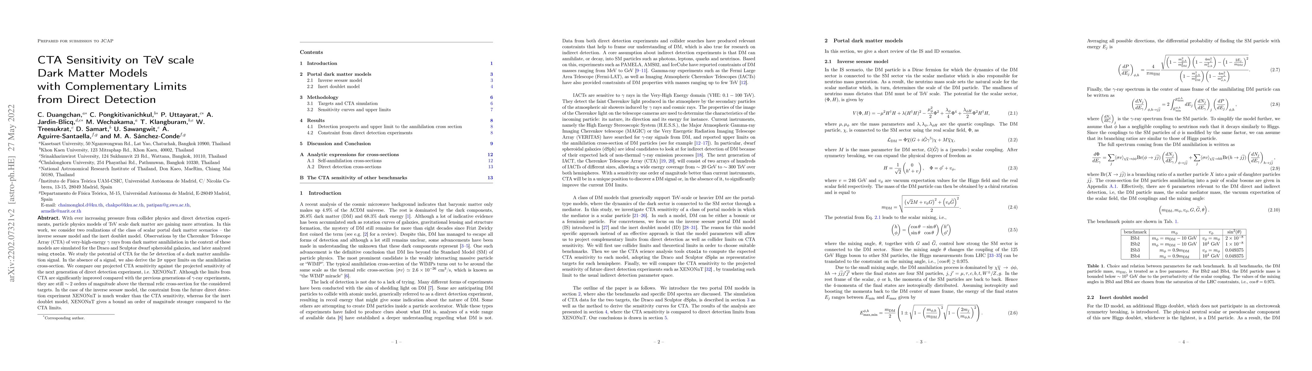 Thumbnail for CTA Sensitivity on TeV scale Dark Matter Models with Complementary
  Limits from Direct Detection