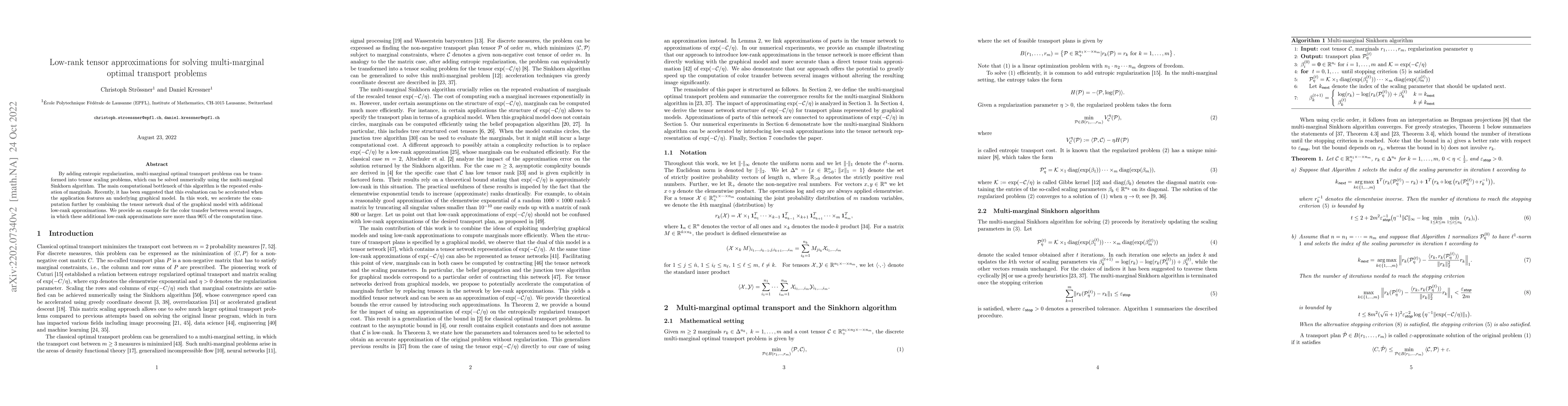 Thumbnail for Low-rank tensor approximations for solving multi-marginal optimal
  transport problems