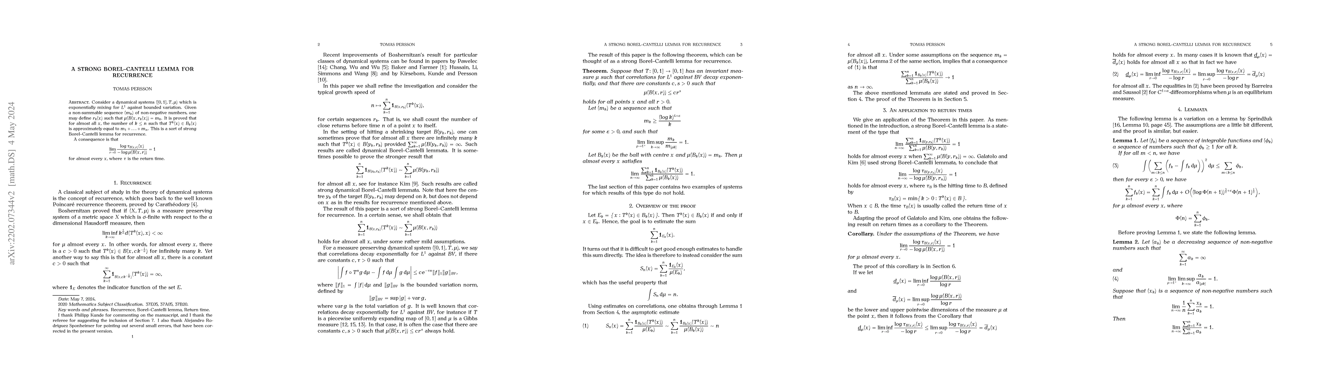 Thumbnail for A strong Borel--Cantelli lemma for recurrence