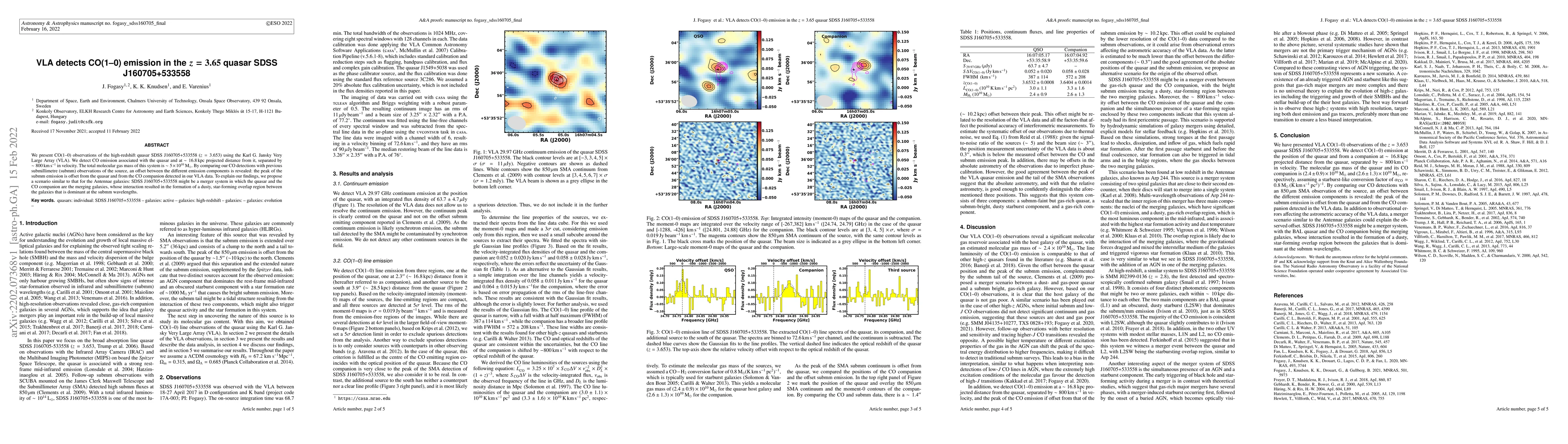 Thumbnail for VLA detects CO(1-0) emission in the z=3.65 quasar SDSS J160705+533558