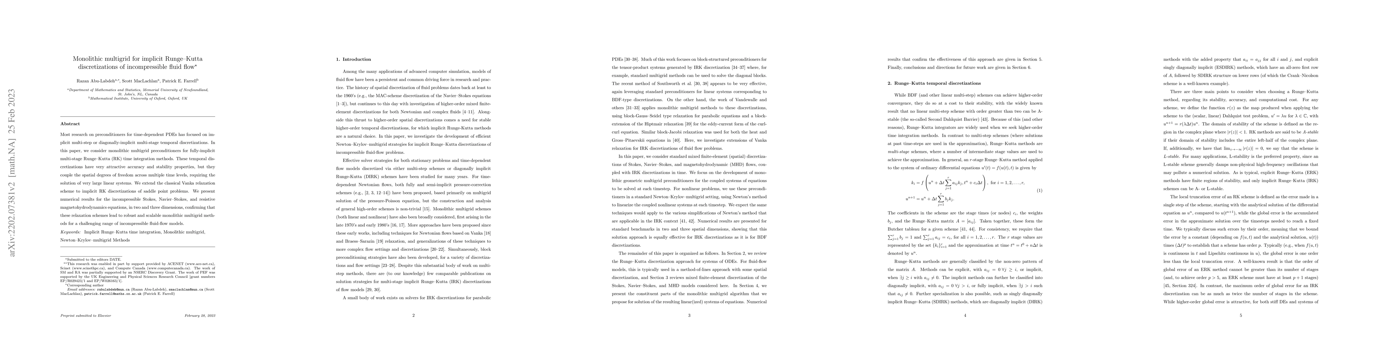 Thumbnail for Monolithic multigrid for implicit Runge-Kutta discretizations of
  incompressible fluid flow