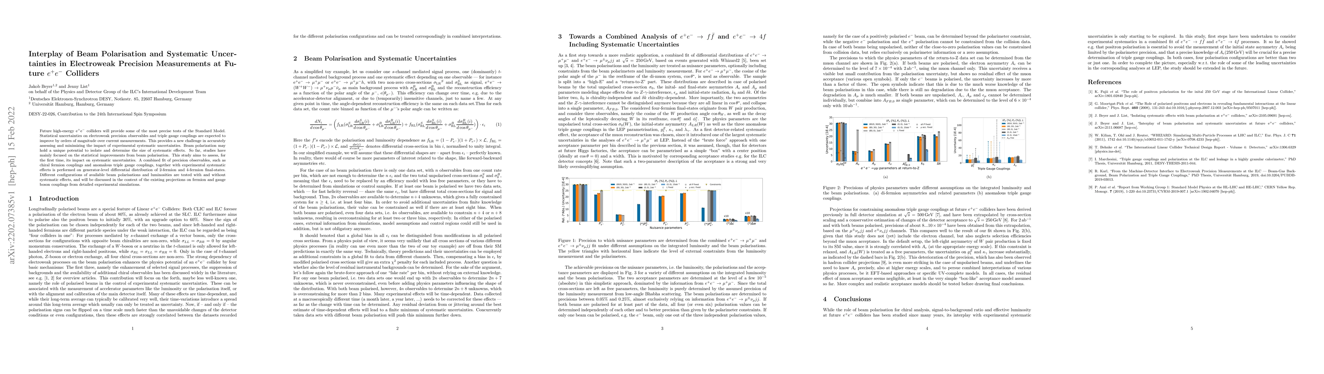 Thumbnail for Interplay of Beam Polarisation and Systematic Uncertainties in
  Electroweak Precision Measurements at Future $e^+ e^-$ Colliders