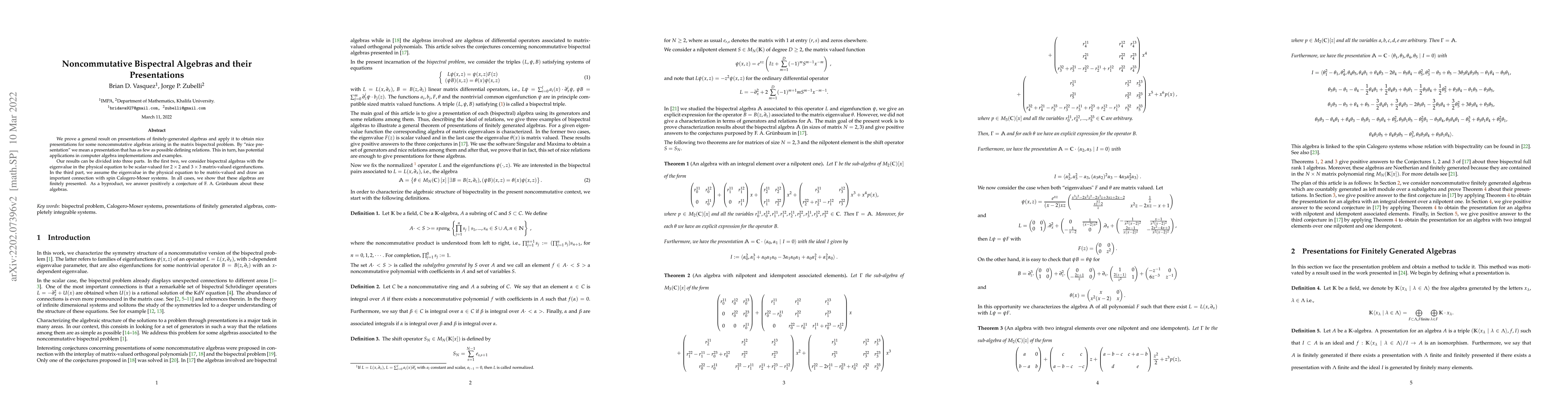 Thumbnail for Noncommutative Bispectral Algebras and their Presentations