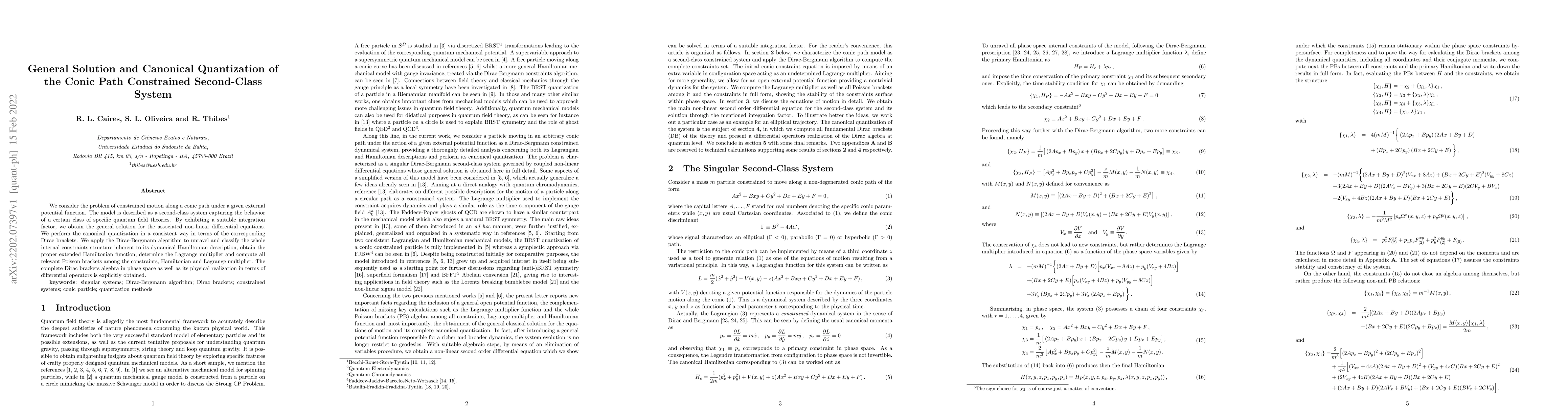 Thumbnail for General Solution and Canonical Quantization of the Conic Path
  Constrained Second-Class System