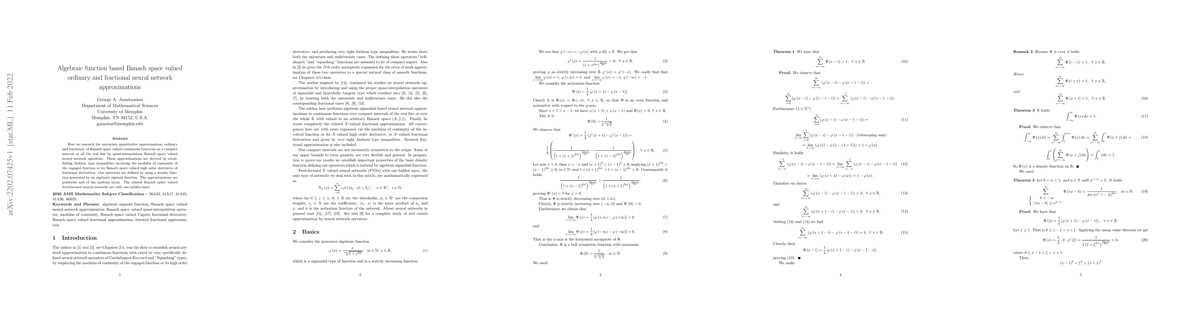 Thumbnail for Algebraic function based Banach space valued ordinary and fractional
  neural network approximations