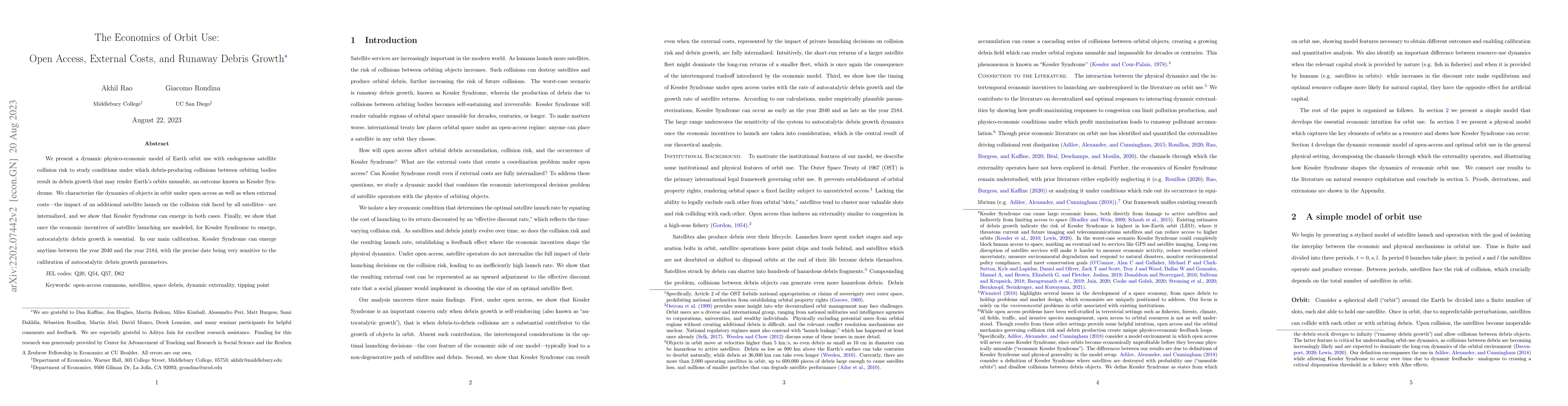 Thumbnail for The Economics of Orbit Use: Open Access, External Costs, and Runaway
  Debris Growth