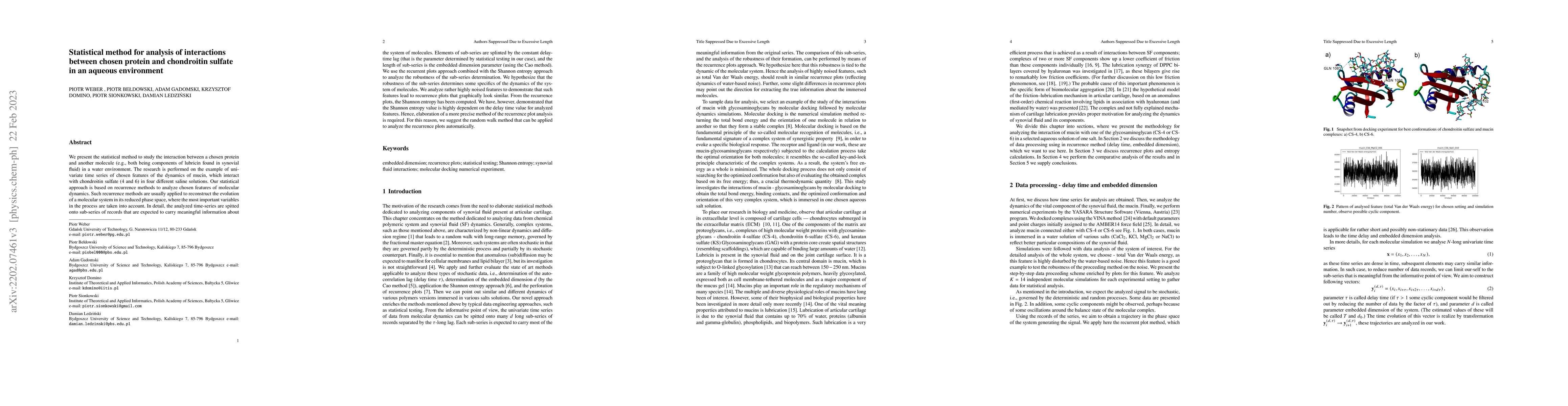 Thumbnail for Statistical method for analysis of interactions between chosen protein
  and chondroitin sulfate in an aqueous environment