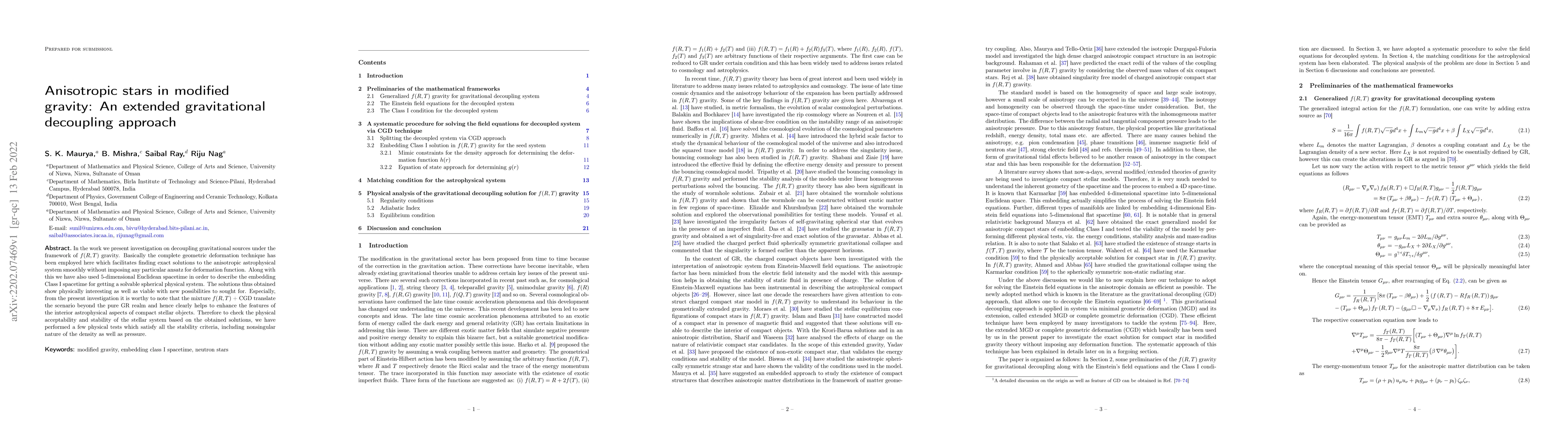 Thumbnail for Anisotropic stars in modified gravity: An extended gravitational
  decoupling approach
