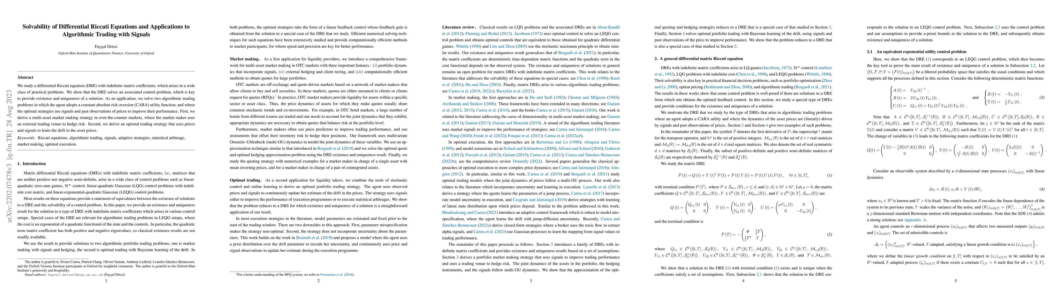 Thumbnail for Solvability of Differential Riccati Equations and Applications to
  Algorithmic Trading with Signals