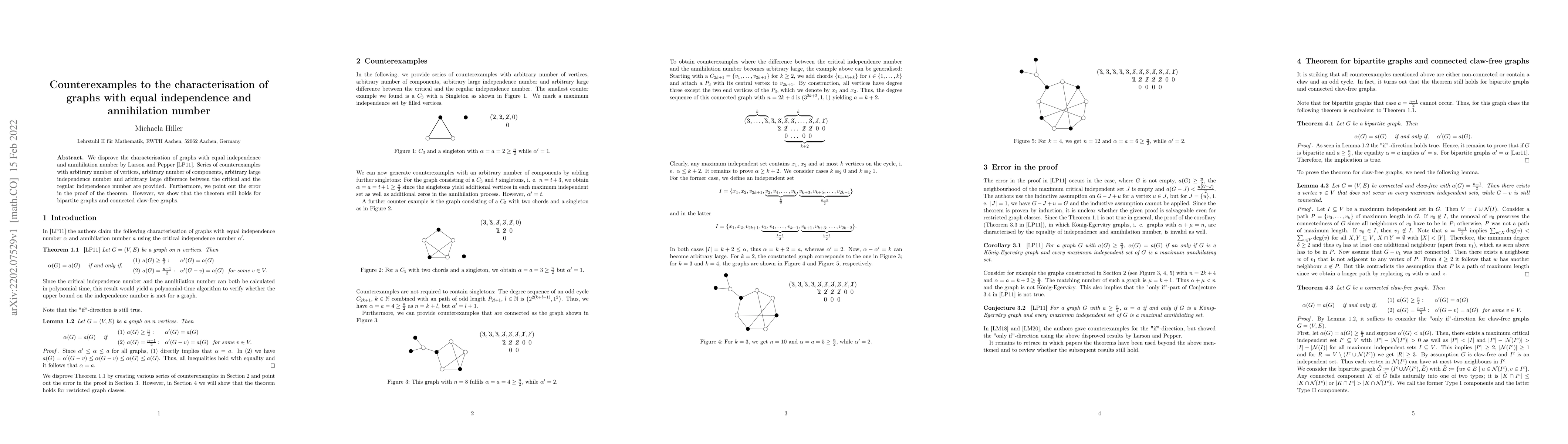 Thumbnail for Counterexamples to the characterisation of graphs with equal
  independence and annihilation number