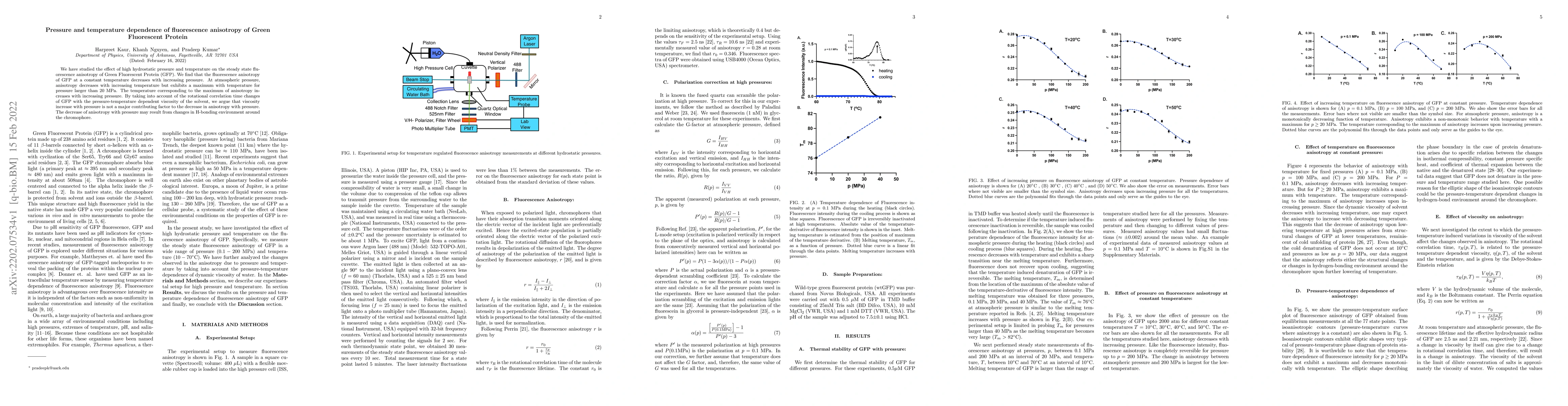Thumbnail for Pressure and temperature dependence of fluorescence anisotropy of Green
  Fluorescent Protein