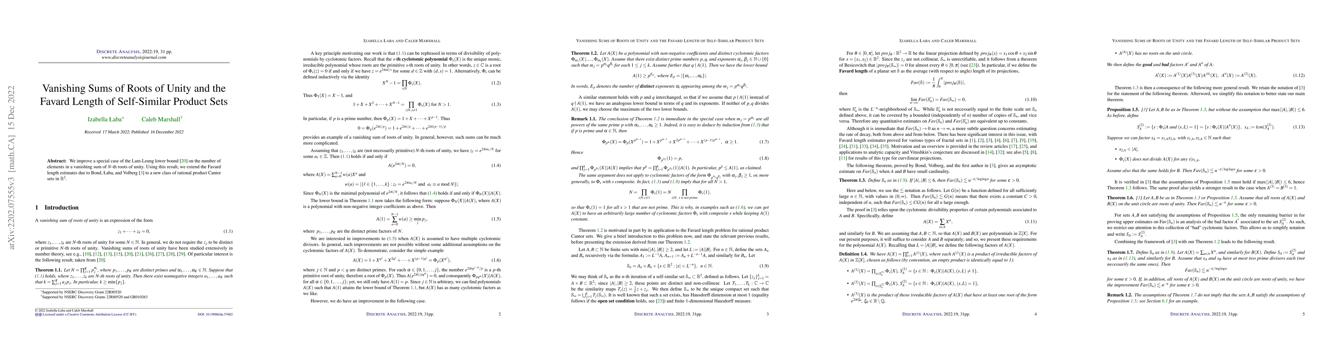 Thumbnail for Vanishing sums of roots of unity and the Favard length of self-similar
  product sets