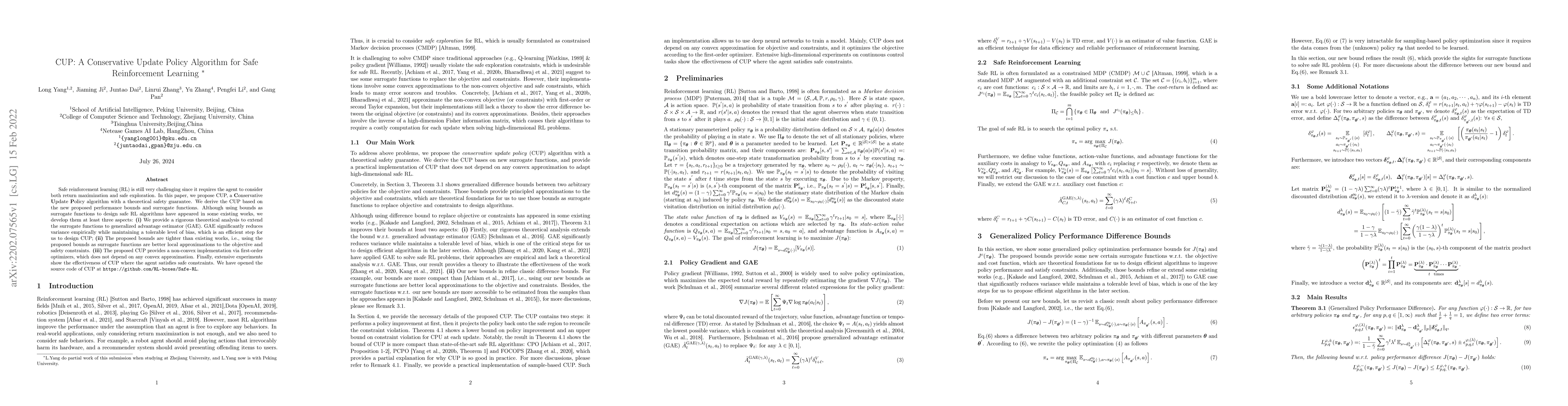 Thumbnail for CUP: A Conservative Update Policy Algorithm for Safe Reinforcement
  Learning