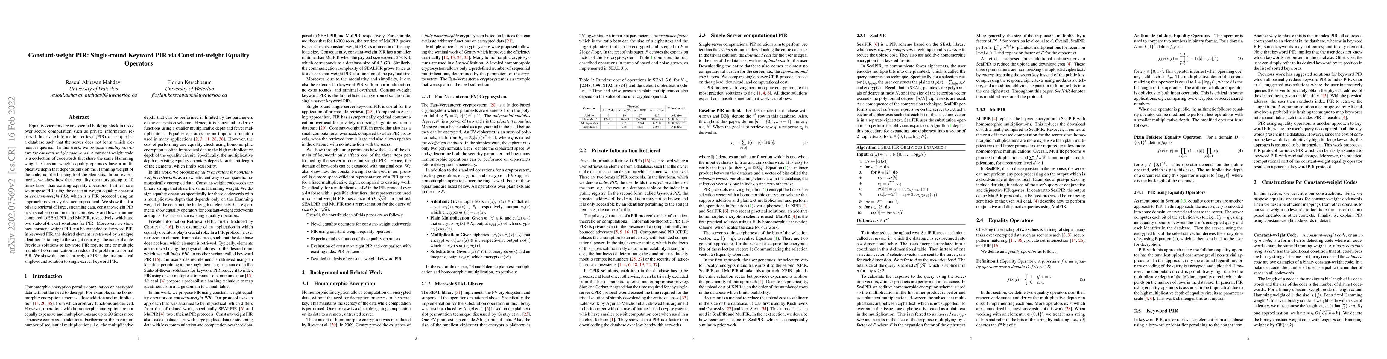 Thumbnail for Constant-weight PIR: Single-round Keyword PIR via Constant-weight
  Equality Operators