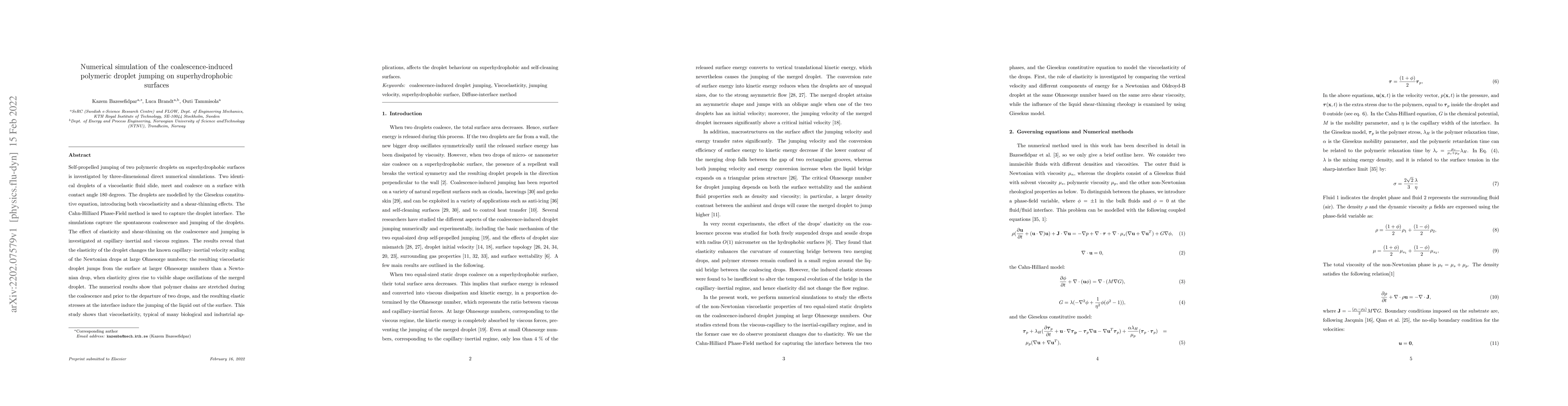 Thumbnail for Numerical simulation of the coalescence-induced polymeric droplet
  jumping on superhydrophobic surfaces