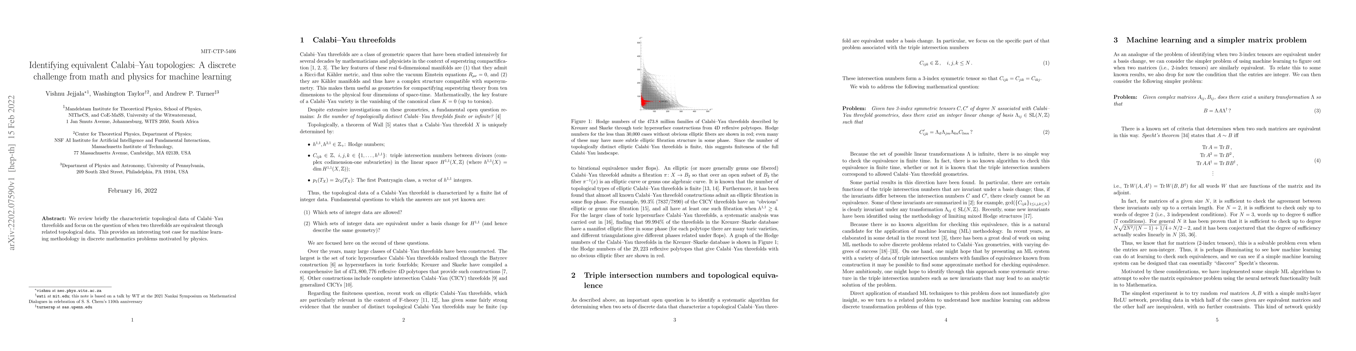 Thumbnail for Identifying equivalent Calabi--Yau topologies: A discrete challenge from
  math and physics for machine learning