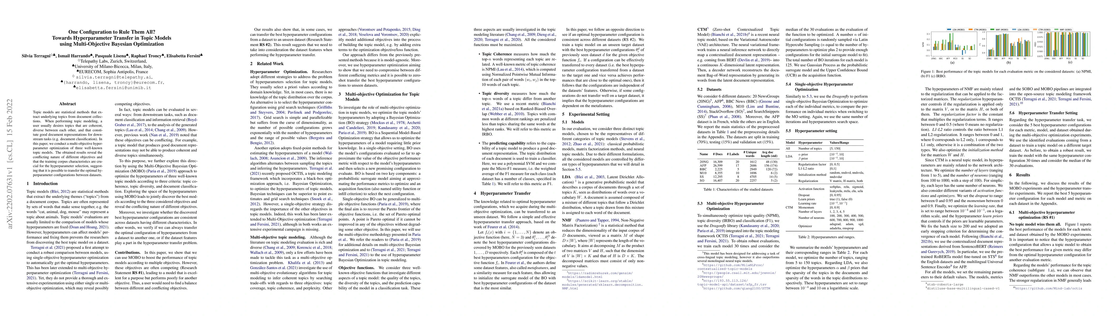 Thumbnail for One Configuration to Rule Them All? Towards Hyperparameter Transfer in
  Topic Models using Multi-Objective Bayesian Optimization
