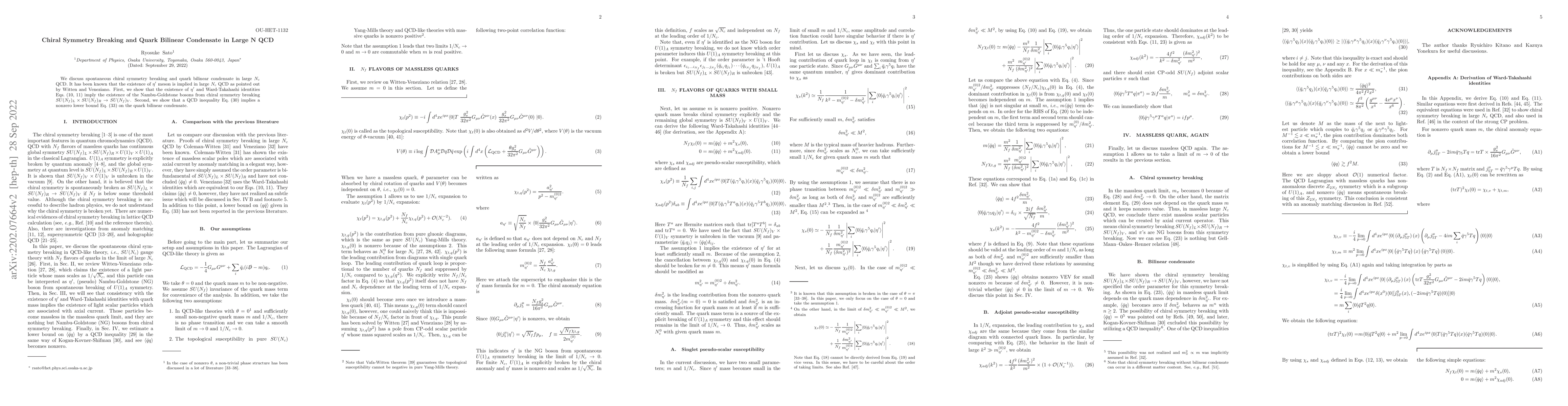 Thumbnail for Chiral Symmetry Breaking and Quark Bilinear Condensate in Large N QCD