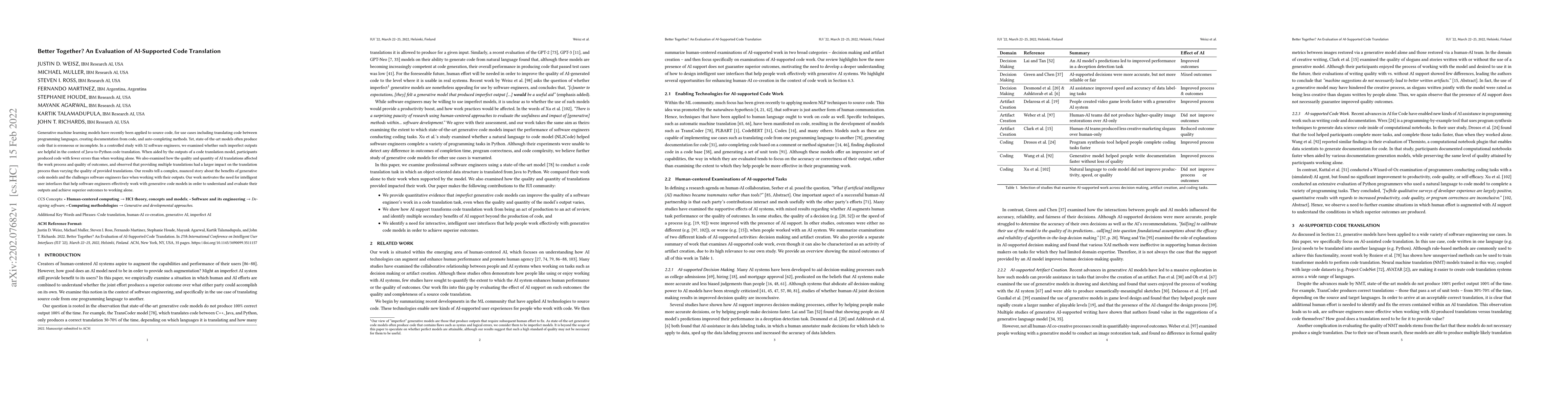 Thumbnail for Better Together? An Evaluation of AI-Supported Code Translation