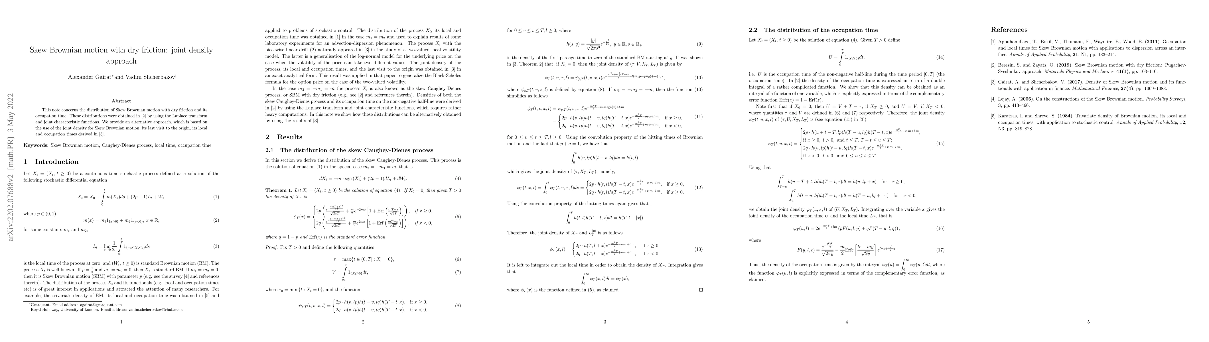 Thumbnail for Skew Brownian motion with dry friction: joint density approach