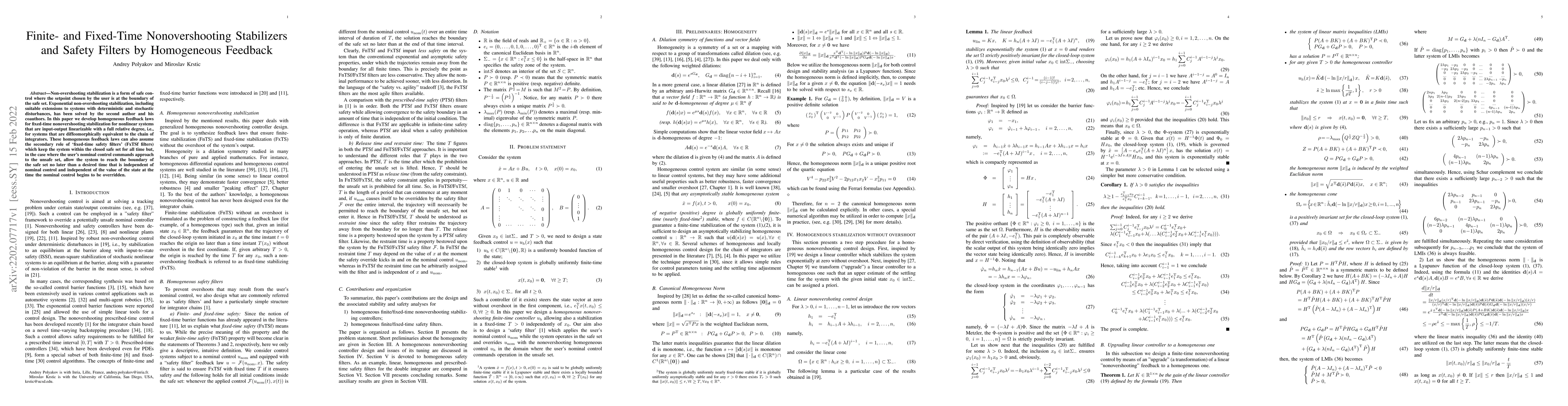 Thumbnail for Finite- and Fixed-Time Nonovershooting Stabilizers and Safety Filters by
  Homogeneous Feedback
