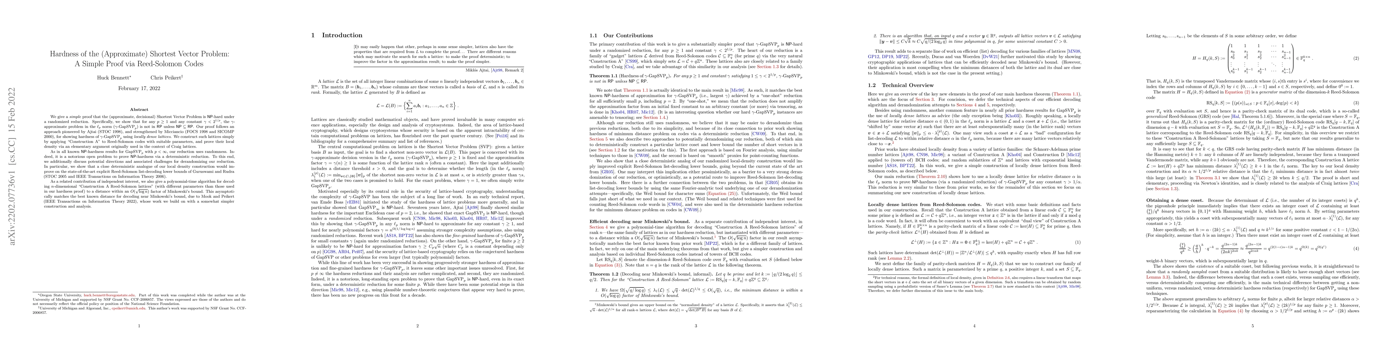 Thumbnail for Hardness of the (Approximate) Shortest Vector Problem: A Simple Proof
  via Reed-Solomon Codes