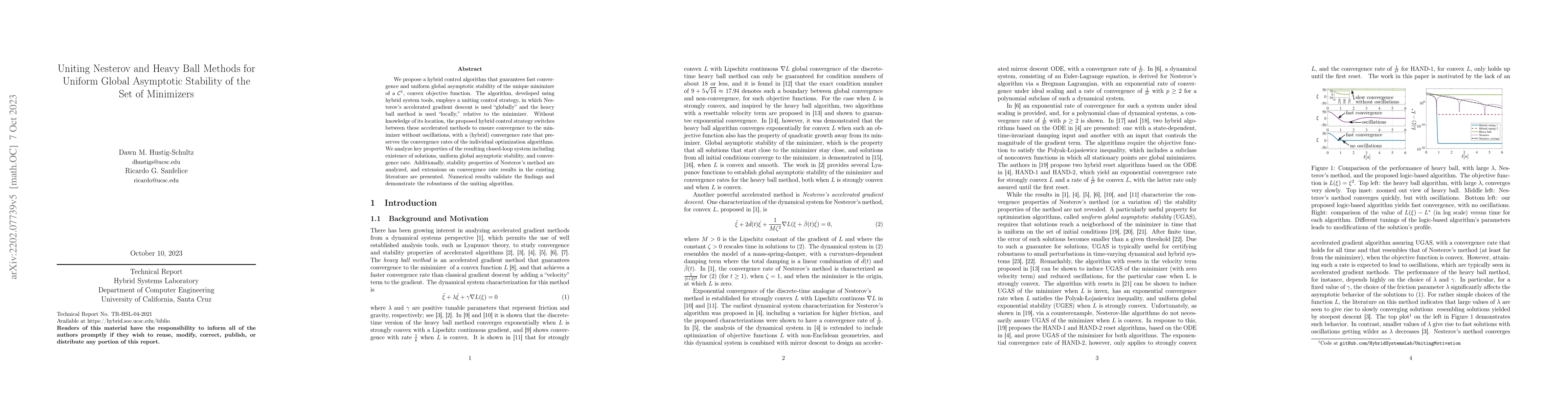 Thumbnail for Uniting Nesterov and Heavy Ball Methods for Uniform Global Asymptotic
  Stability of the Set of Minimizers