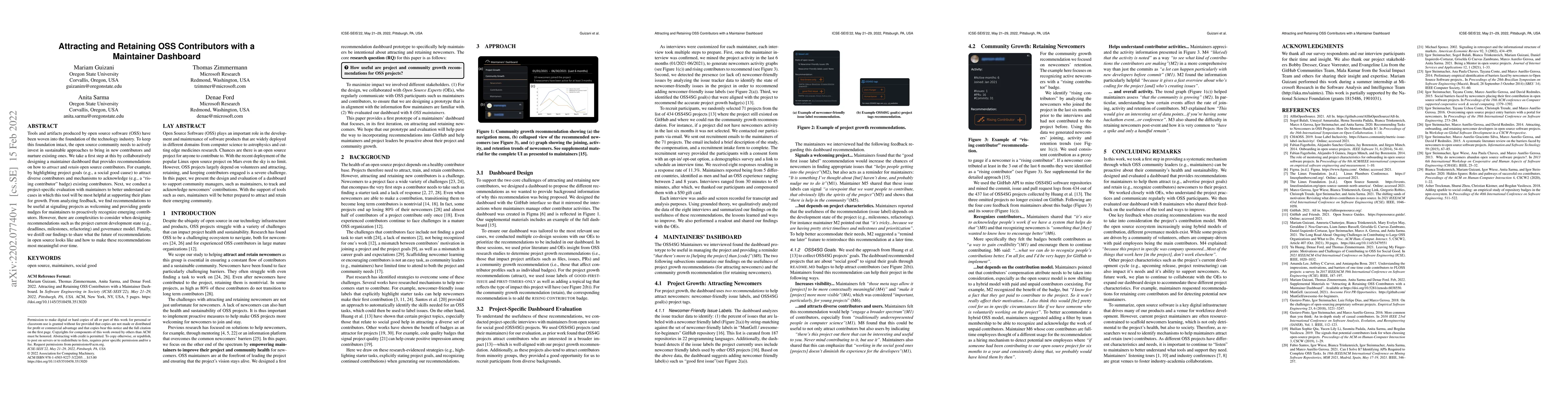 Thumbnail for Attracting and Retaining OSS Contributors with a Maintainer Dashboard