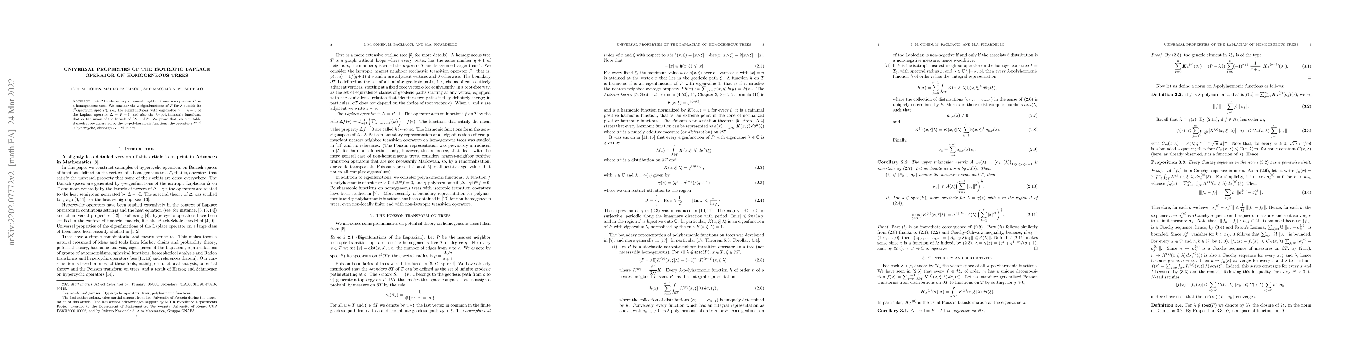 Thumbnail for Universal properties of the isotropic Laplace operator on homogeneous
  trees