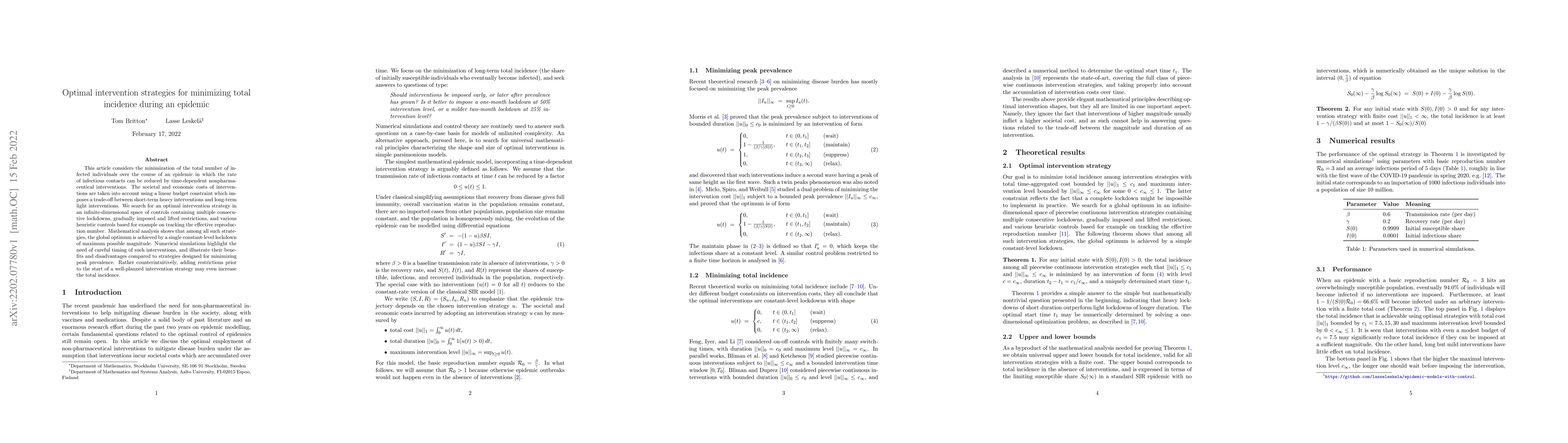 Thumbnail for Optimal intervention strategies for minimizing total incidence during an
  epidemic