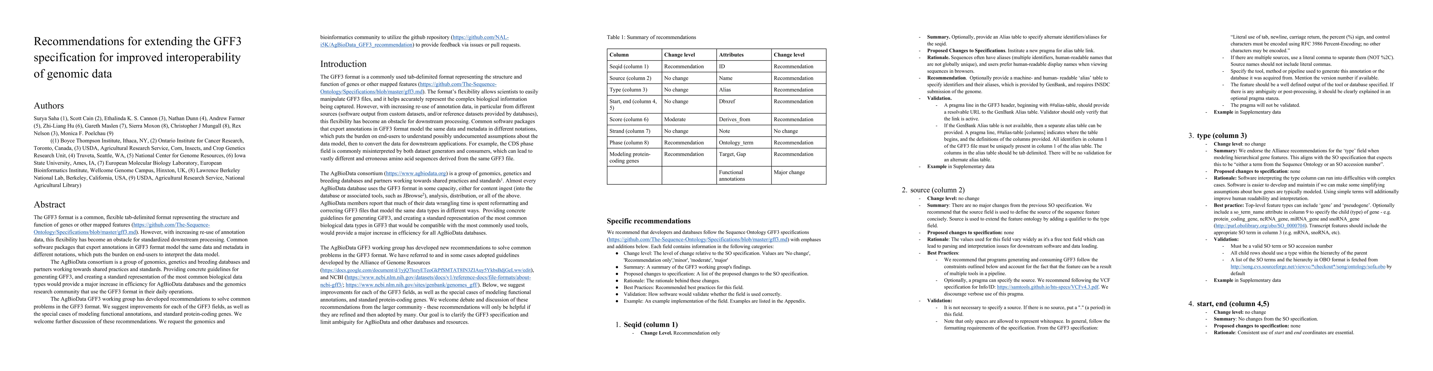 Thumbnail for Recommendations for extending the GFF3 specification for improved
  interoperability of genomic data
