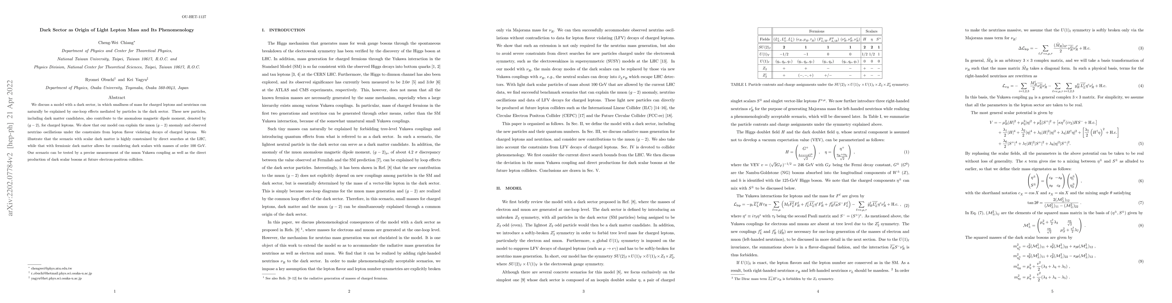 Thumbnail for Dark Sector as Origin of Light Lepton Mass and Its Phenomenology