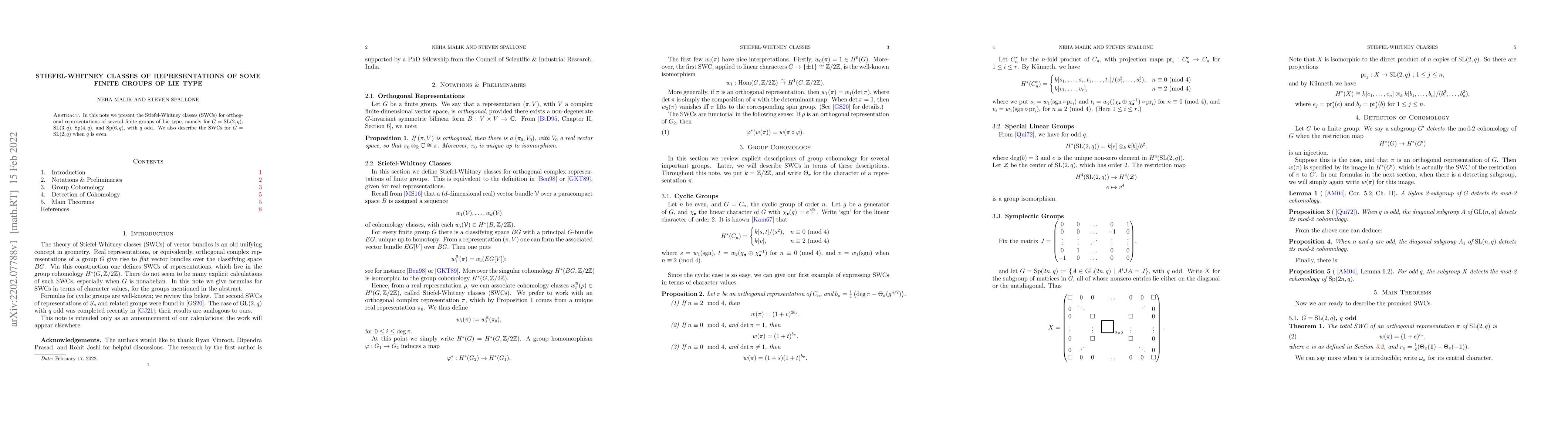 Thumbnail for Stiefel-Whitney Classes of Representations of Some Finite Groups of Lie
  Type