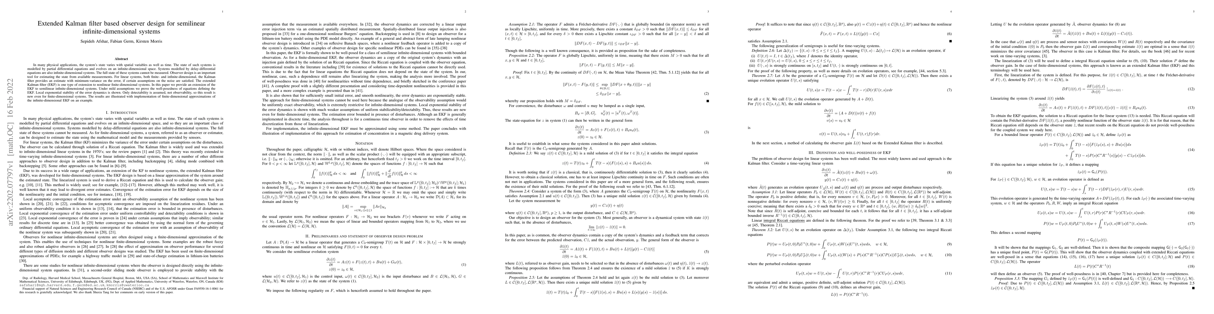 Thumbnail for Extended Kalman filter based observer design for semilinear
  infinite-dimensional systems