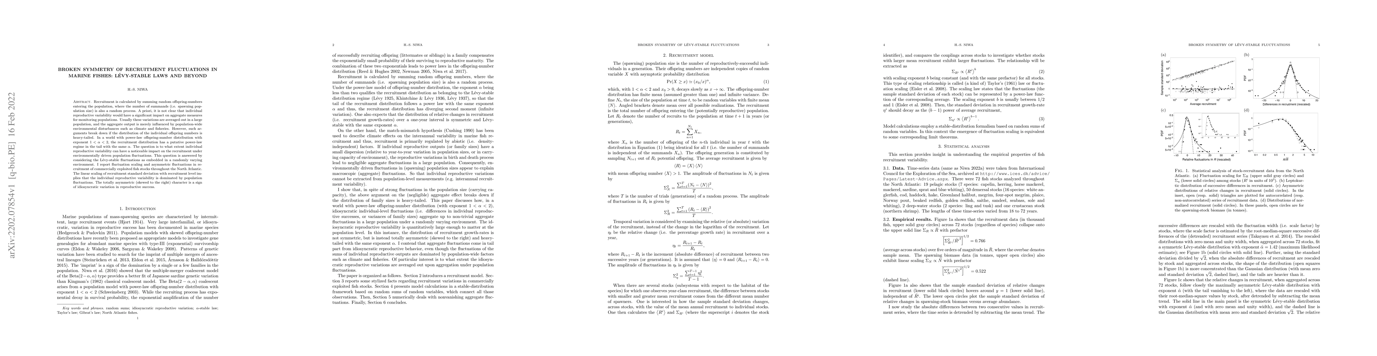 Thumbnail for Broken symmetry of recruitment fluctuations in marine fishes:
  L\'evy-stable laws and beyond