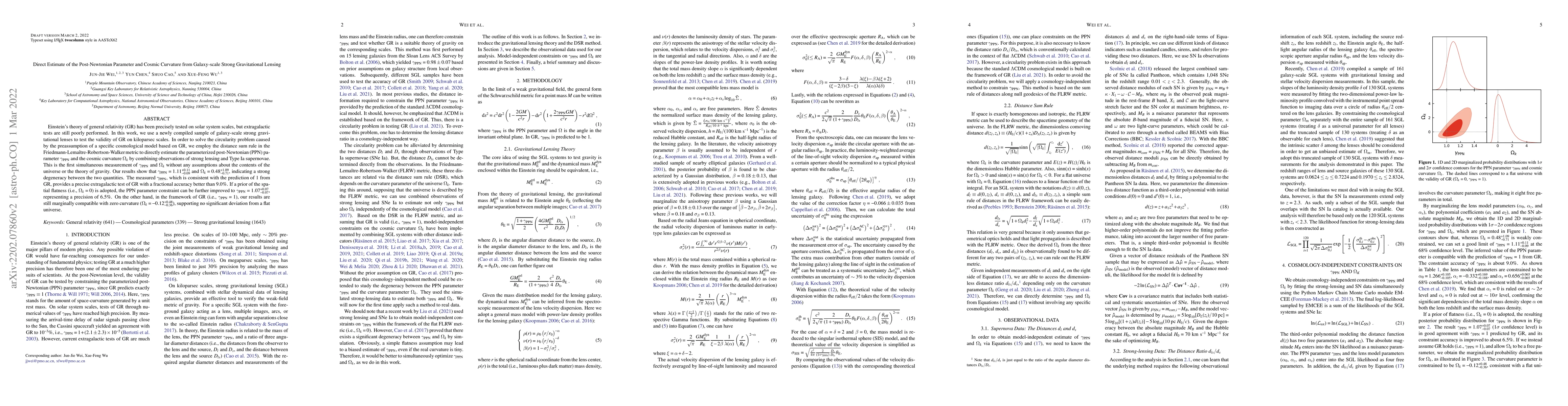 Thumbnail for Direct Estimate of the Post-Newtonian Parameter and Cosmic Curvature
  from Galaxy-scale Strong Gravitational Lensing
